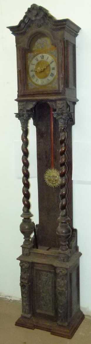ENGLISH RENAISSANCE CARVED OAK TALL CASE CLOCK